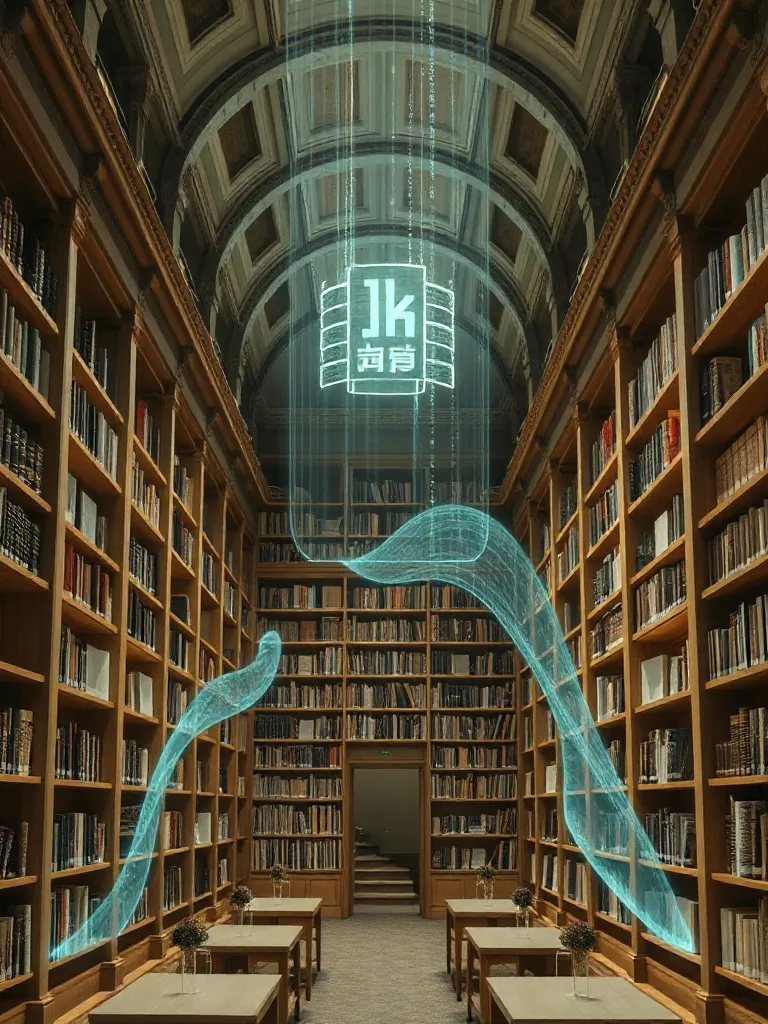 A minimalist historical library interior with futuristic dig