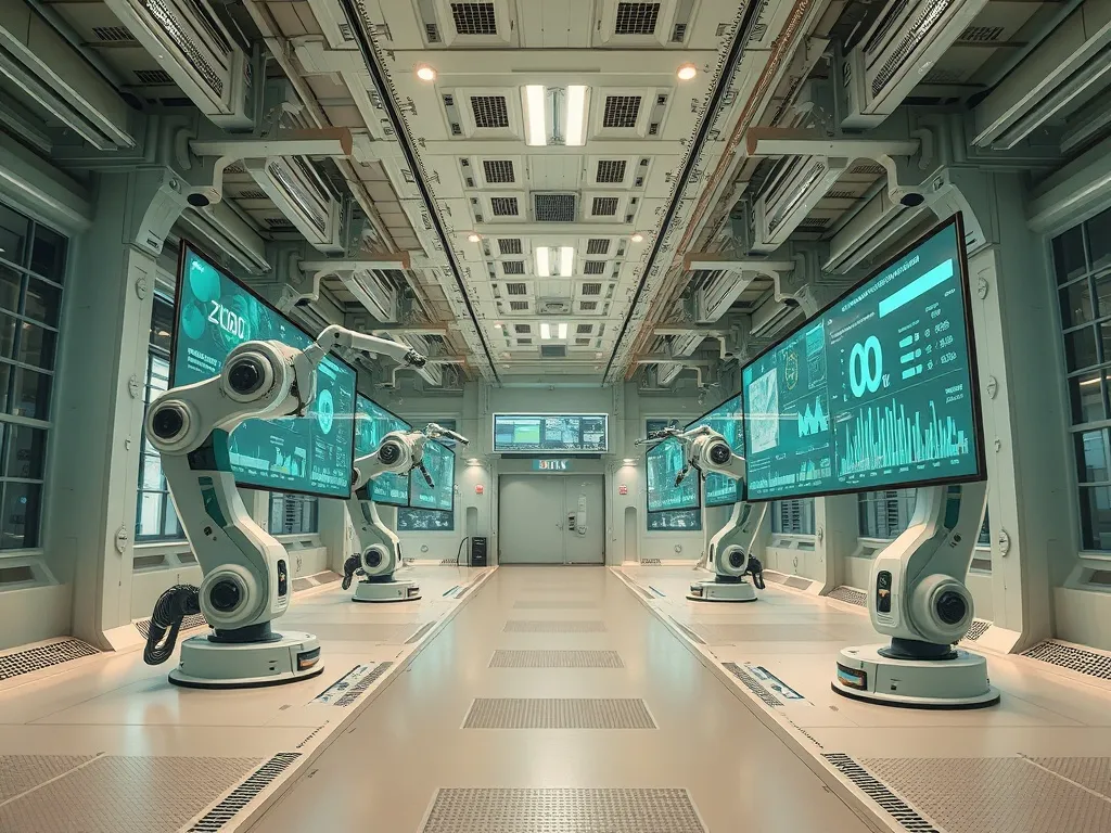 A futuristic, clean, industrial facility with robotic arms a